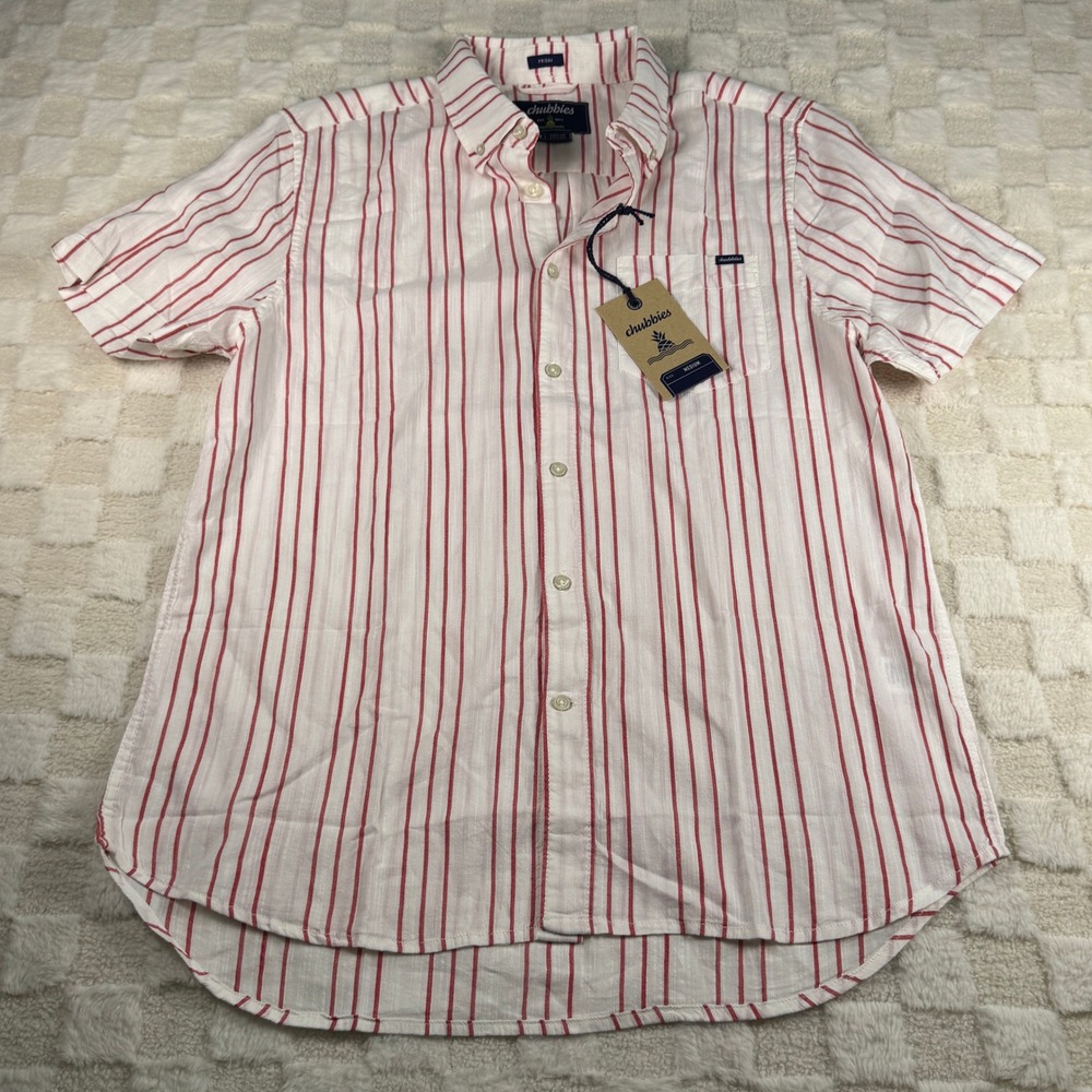 Chubbies The Ruby Ribbon Resort Weave Friday Shirt Red White Striped Mens Medium